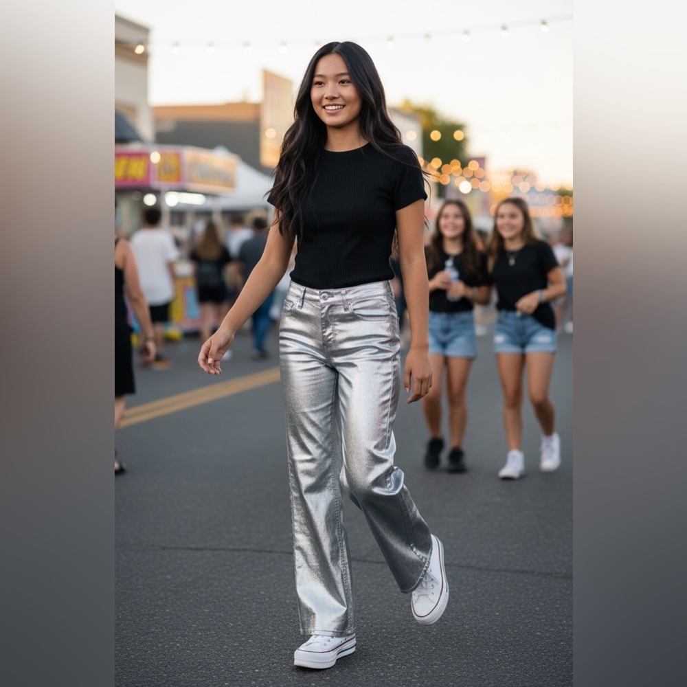 Girl's JUSTICE DENIM Wide Leg Metallic Silver Pleather Jeans Pants Size 14 NWT‎